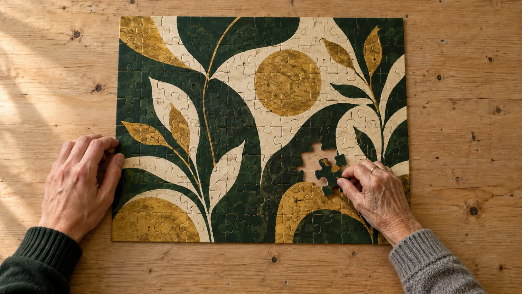 Eine alte Hand setzt dasselbe Puzzleteil ein