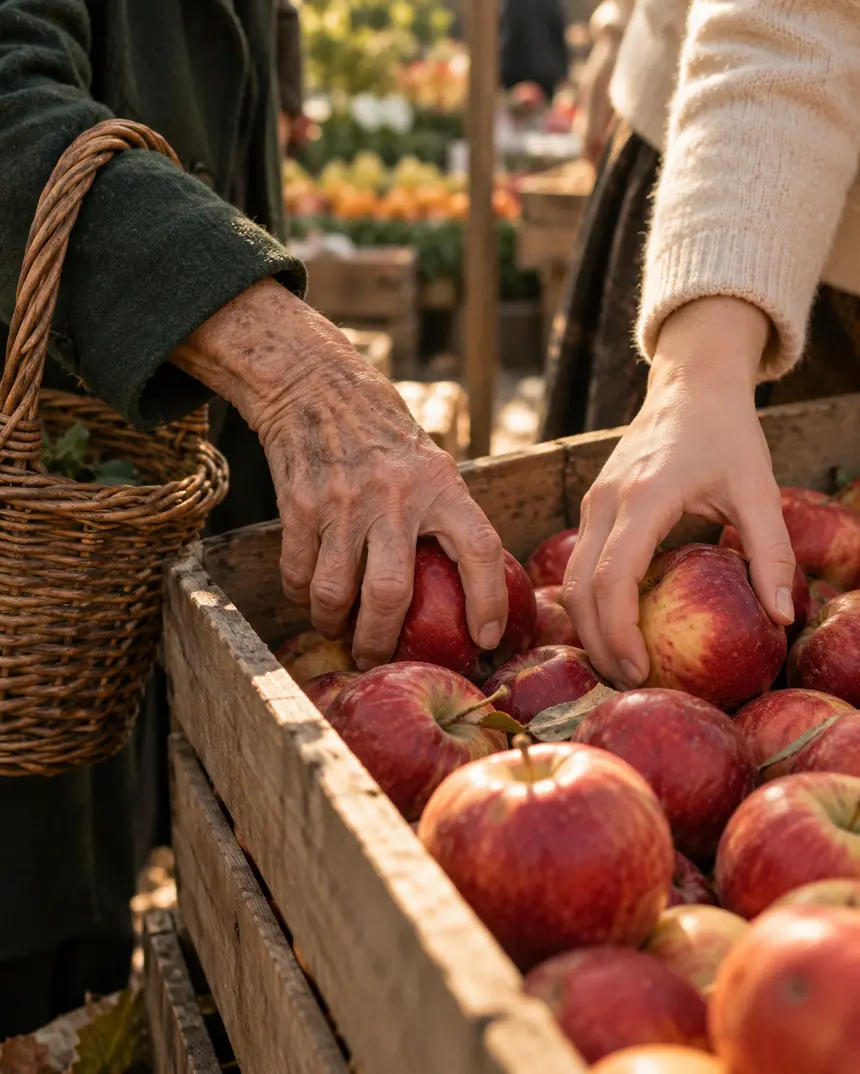 Eine alte und eine junge Hand greifen auf dem Markt in eine Kiste Äpfel