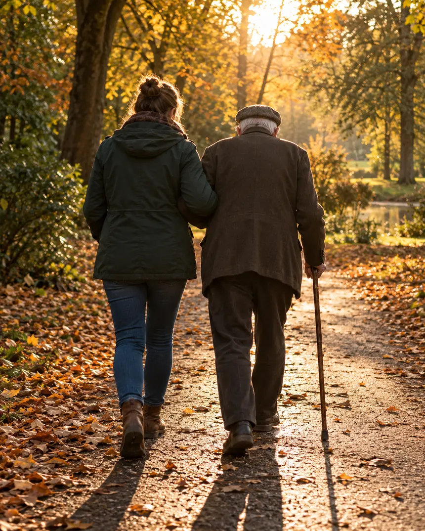 Alter Mann mit Stock geht untergehakt mit einer jüngeren Frau durch einen herbstlichen Park