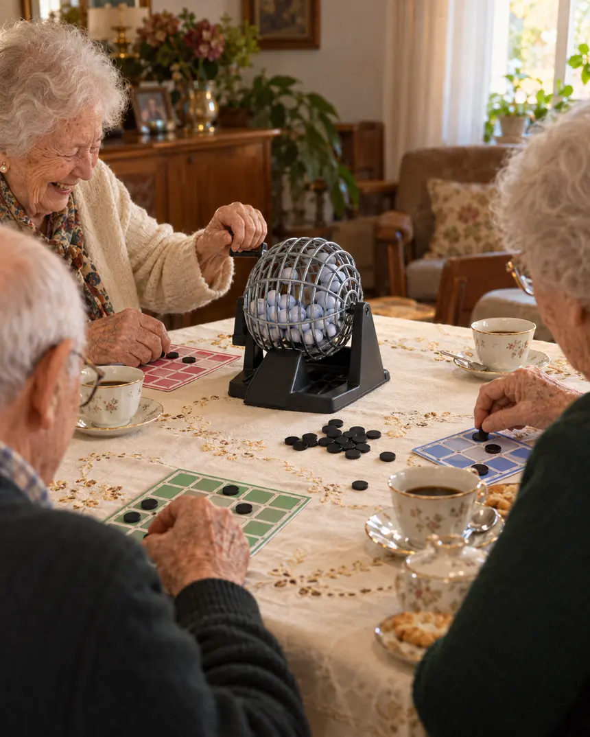 Alte Menschen beim Bingo am Wohnzimmertisch, einer lacht