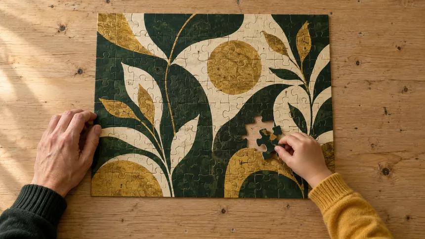 Eine Kinderhand setzt ein Puzzleteil ein