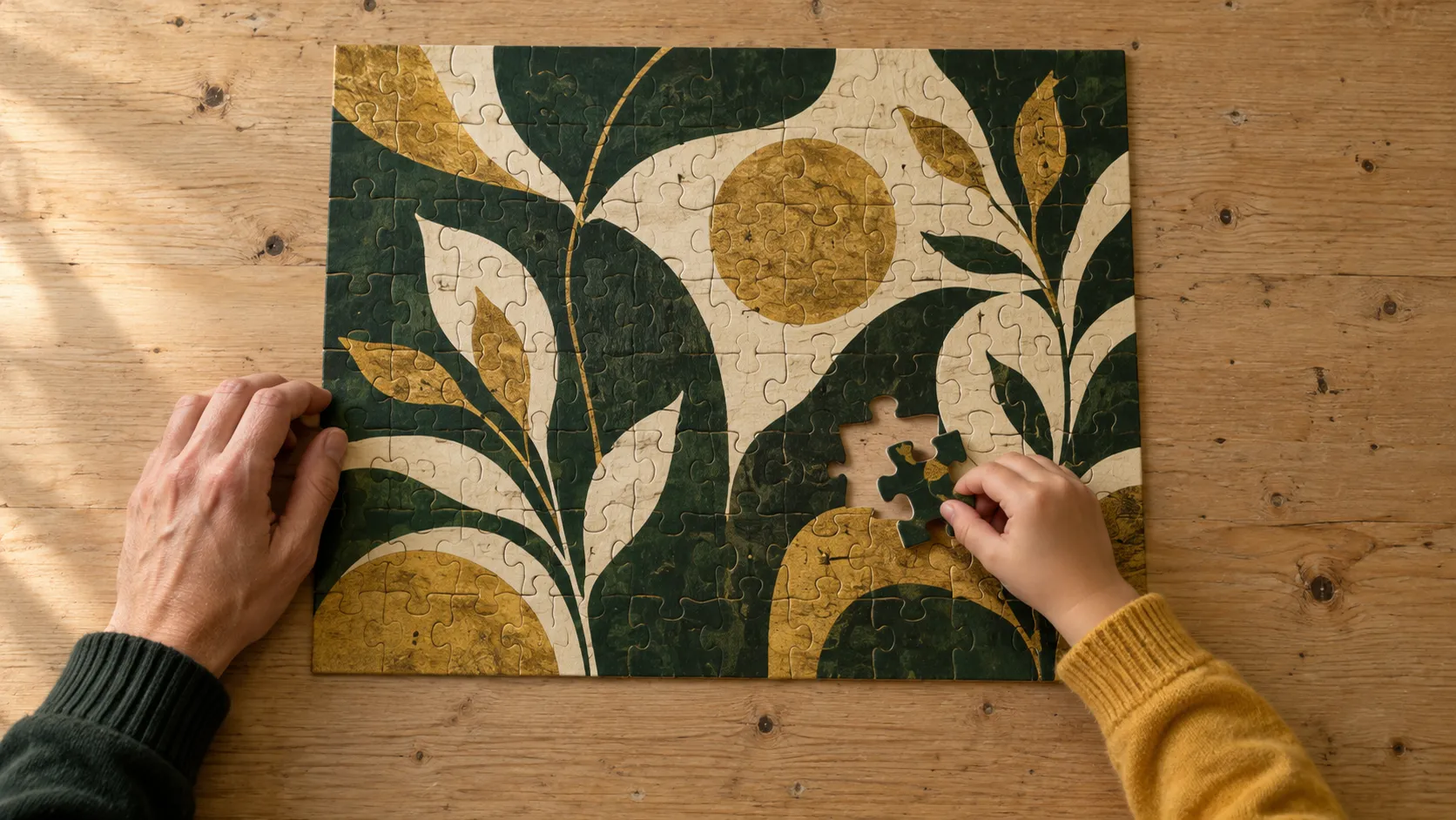Eine Kinderhand setzt ein Puzzleteil ein, eine Erwachsenenhand liegt daneben