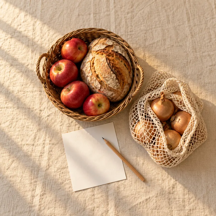 Weidenkorb mit Äpfeln und Brot auf dem Tisch