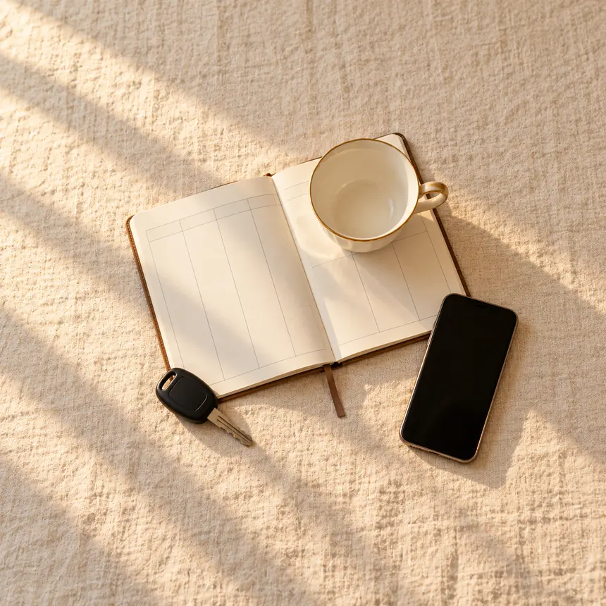 Leere Kaffeetasse, leerer Wochenkalender, Autoschlüssel und Telefon auf dem Tisch