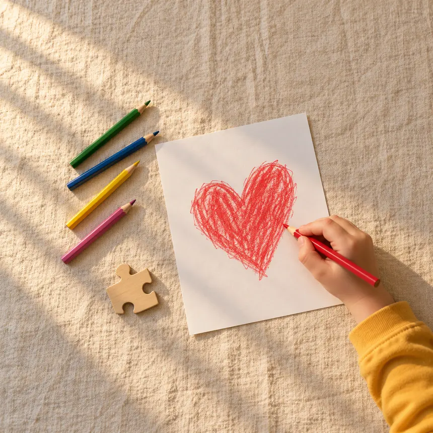 Eine Kinderhand malt mit Buntstiften ein rotes Herz