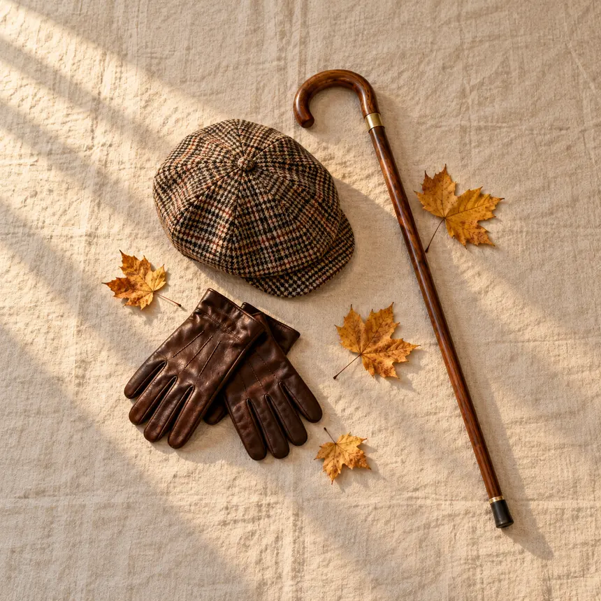 Schiebermütze, Handschuhe, Spazierstock und Herbstblätter auf dem Tisch