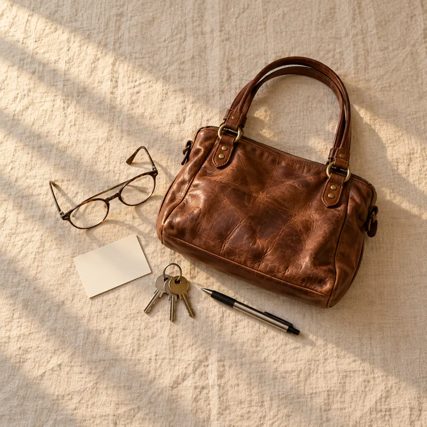 Terminkarte, Lesebrille, Handtasche und Schlüssel auf dem Tisch