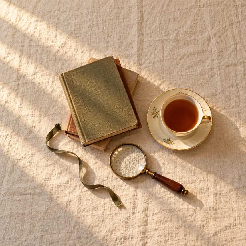Alte Bücher, Lupe und eine Tasse Tee auf dem Tisch